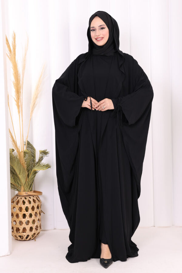 Kapüşonlu Abaya ve  Elbise İkili Takım 70013 Siyah - 2
