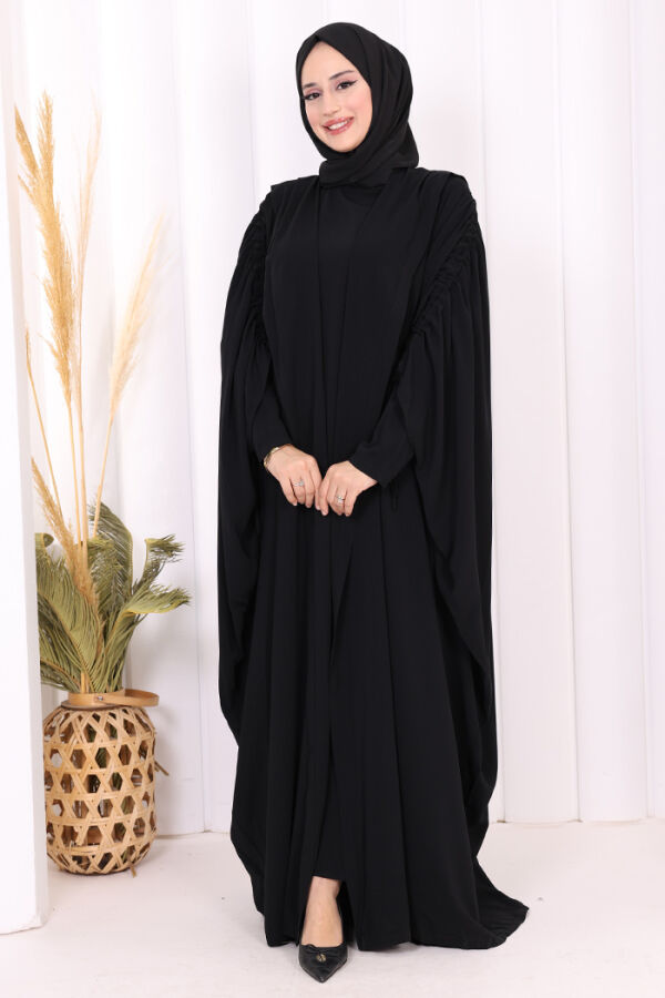Kapüşonlu Abaya ve  Elbise İkili Takım 70013 Siyah - 3