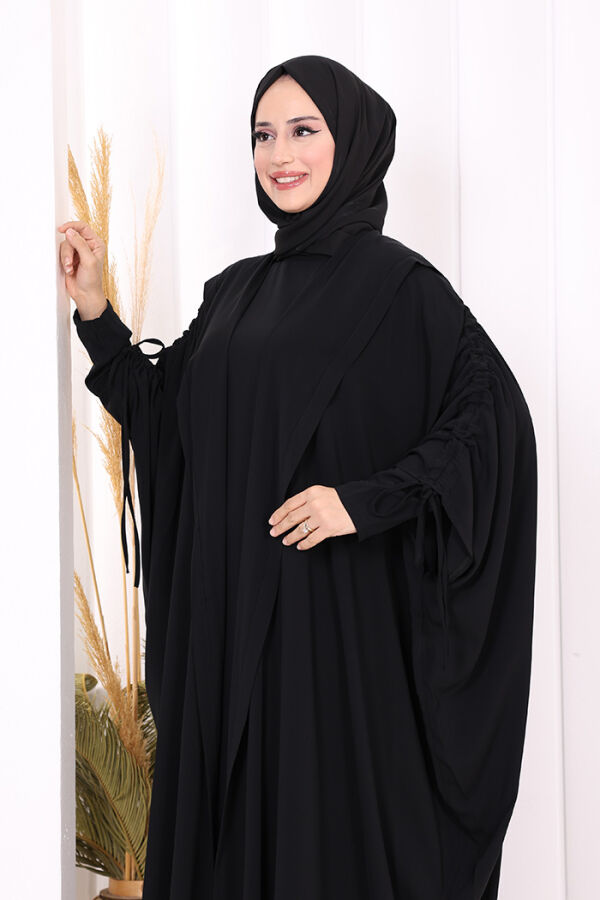 Kapüşonlu Abaya ve  Elbise İkili Takım 70013 Siyah - 5