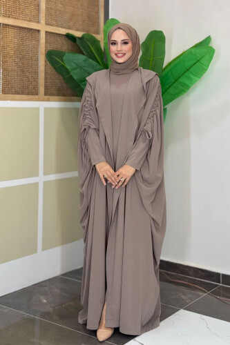 Kapüşonlu Abaya ve Elbise İkili Takım 70013 Vizon 