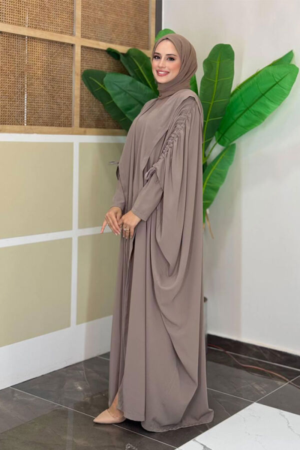 Kapüşonlu Abaya ve Elbise İkili Takım 70013 Vizon - 3