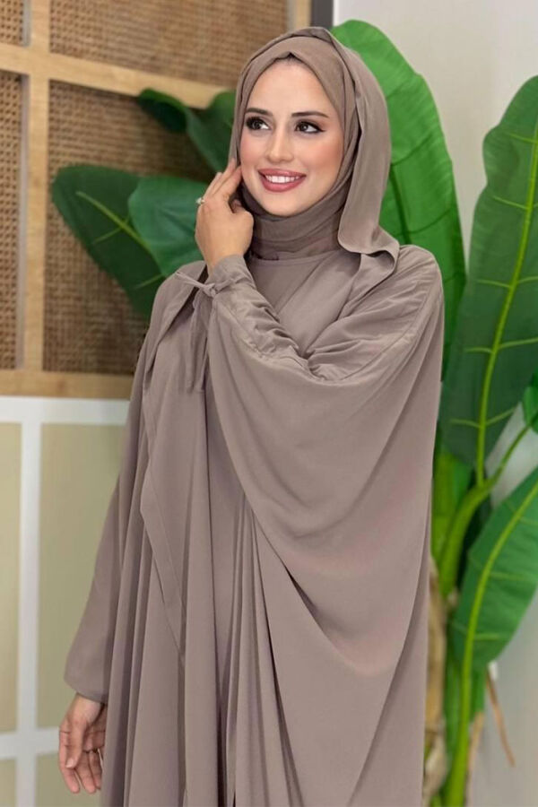 Kapüşonlu Abaya ve Elbise İkili Takım 70013 Vizon - 4