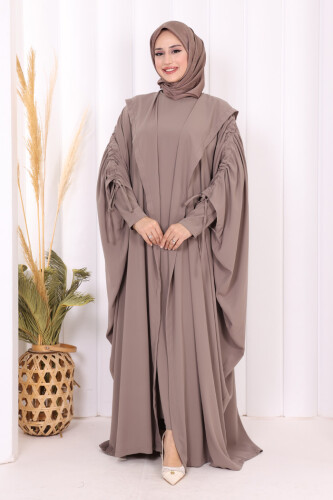 Kapüşonlu Abaya ve  Elbise İkili Takım 70013 Vizon - 2