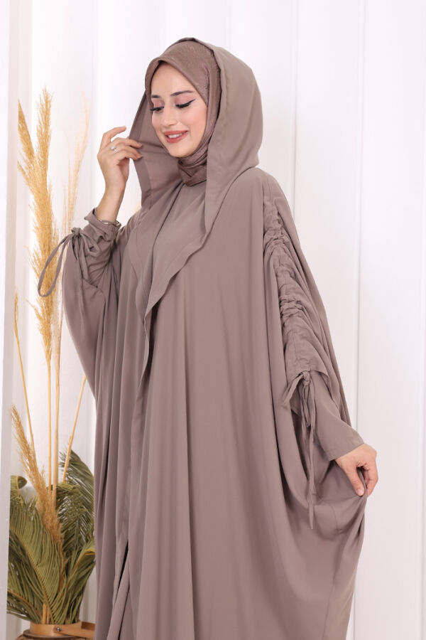 Kapüşonlu Abaya ve  Elbise İkili Takım 70013 Vizon - 4
