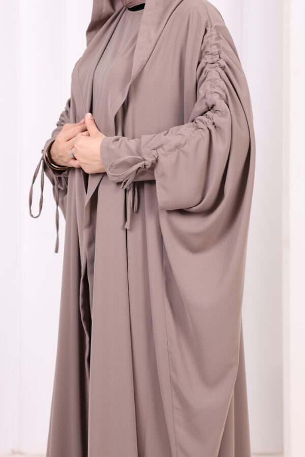 Kapüşonlu Abaya ve  Elbise İkili Takım 70013 Vizon - 5