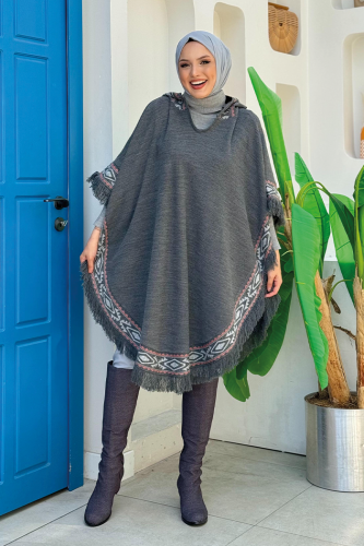 Kapüşonlu Etnik Desen Detaylı Püsküllü Triko Panço 12096 Füme - Bym Fashion