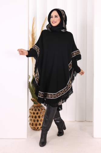 Kapüşonlu Etnik Desen Detaylı Püsküllü Triko Panço 12096 Siyah - Bym Fashion