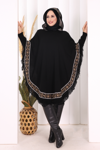 Kapüşonlu Etnik Desen Detaylı Püsküllü Triko Panço 12096 Siyah - 2