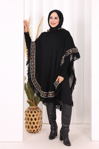 Kapüşonlu Etnik Desen Detaylı Püsküllü Triko Panço 12096 Siyah - 3