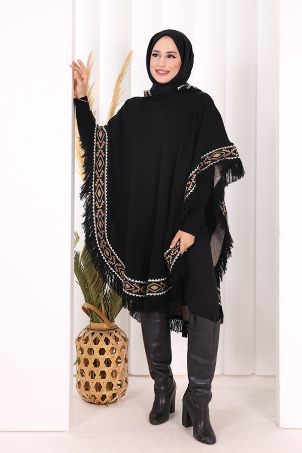 Kapüşonlu Etnik Desen Detaylı Püsküllü Triko Panço 12096 Siyah - 3