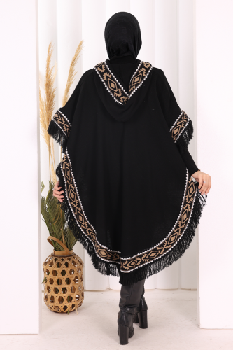 Kapüşonlu Etnik Desen Detaylı Püsküllü Triko Panço 12096 Siyah - 4