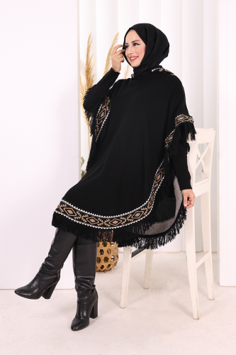 Kapüşonlu Etnik Desen Detaylı Püsküllü Triko Panço 12096 Siyah - 5