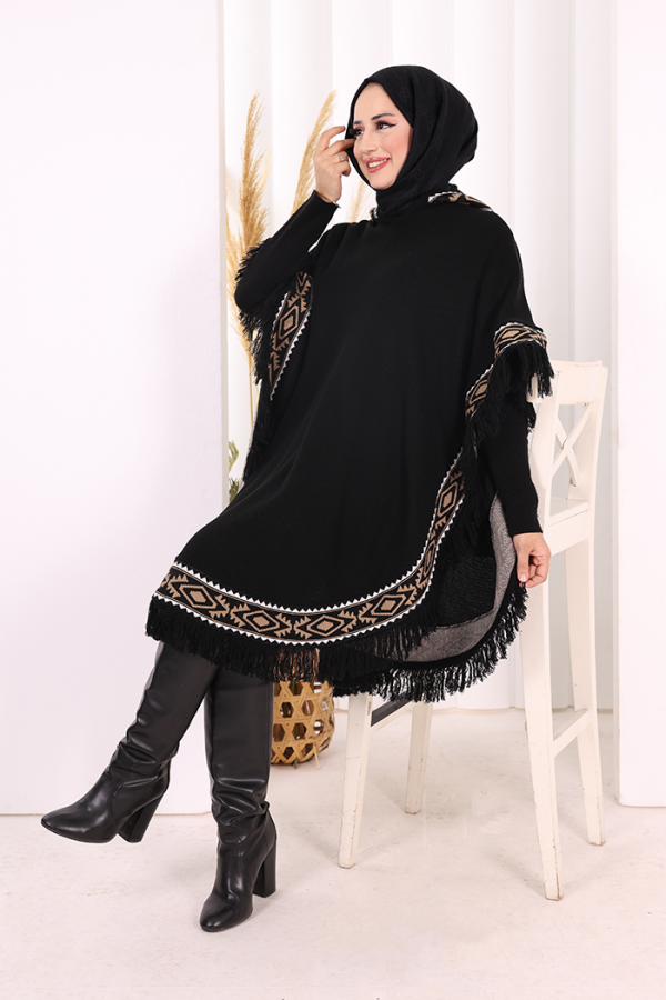 Kapüşonlu Etnik Desen Detaylı Püsküllü Triko Panço 12096 Siyah - 5