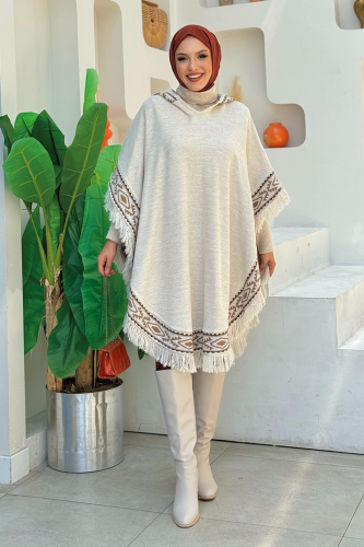Kapüşonlu Etnik Desen Detaylı Püsküllü Triko Panço 12096 Taş - Bym Fashion