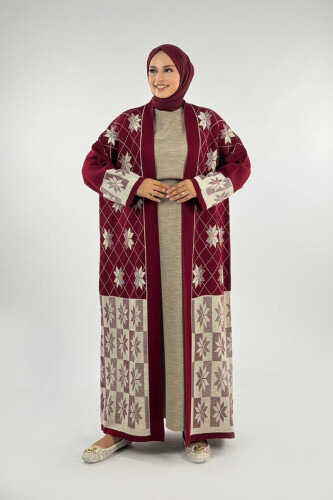 Kar Tanesi Desenli Uzun Triko Hırka 18166 Bordo - Bym Fashion