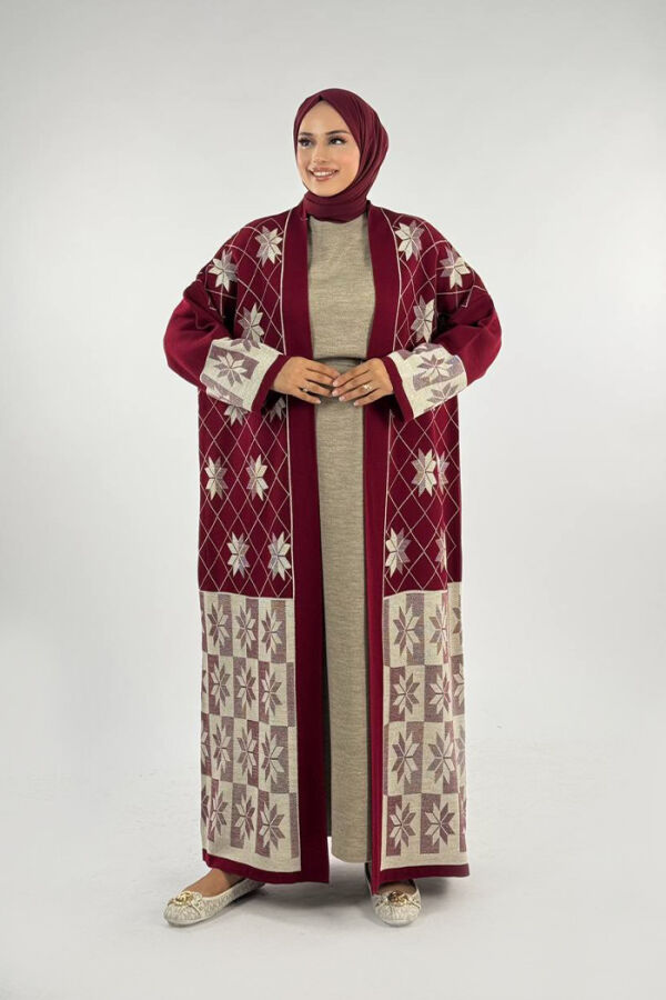 Kar Tanesi Desenli Uzun Triko Hırka 18166 Bordo - 1