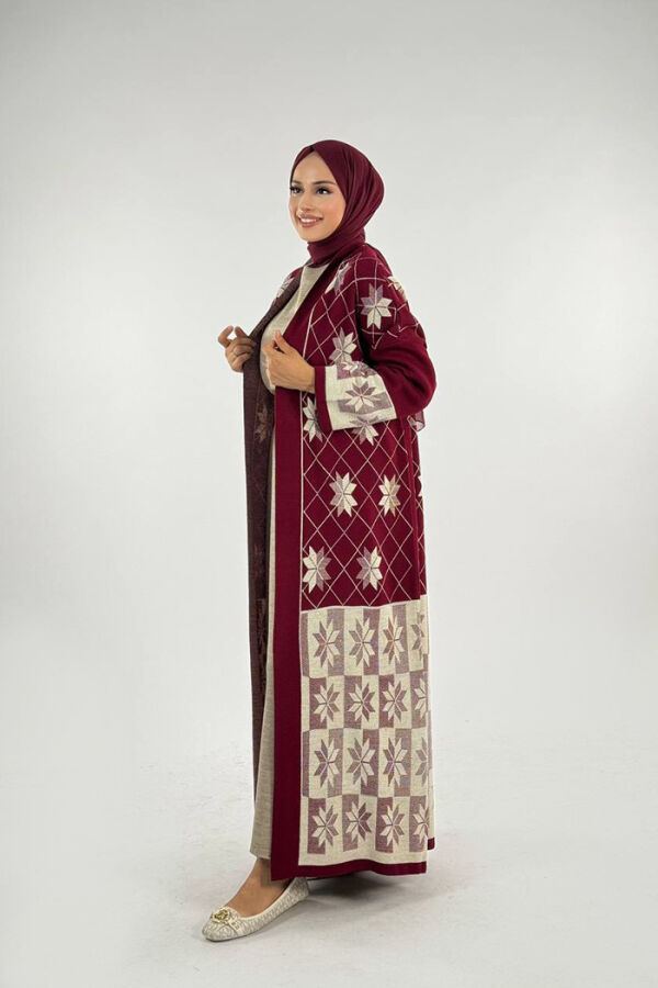 Kar Tanesi Desenli Uzun Triko Hırka 18166 Bordo - 3