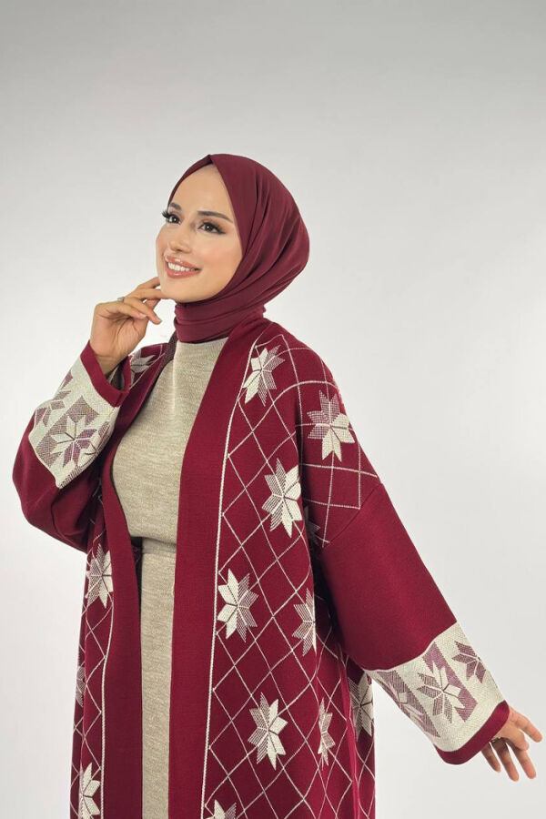 Kar Tanesi Desenli Uzun Triko Hırka 18166 Bordo - 4