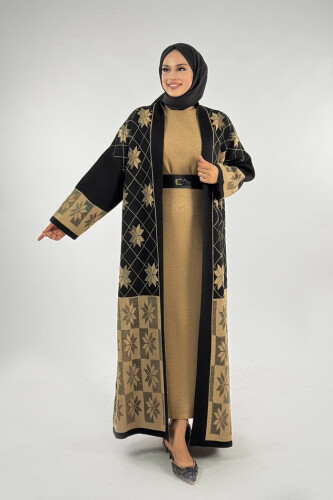 Kar Tanesi Desenli Uzun Triko Hırka 18166 Siyah - Bym Fashion