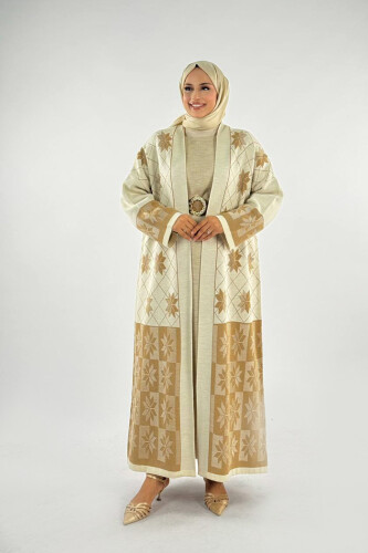 Kar Tanesi Desenli Uzun Triko Hırka 18166 Taş - Bym Fashion