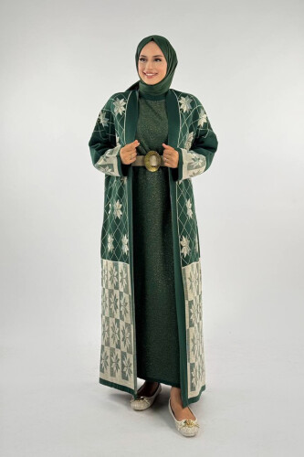 Kar Tanesi Desenli Uzun Triko Hırka 18166 Zümrüt - Bym Fashion
