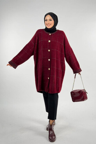 Kare Çizgili Düğmeli Hırka 18329 Bordo - Bym Fashion