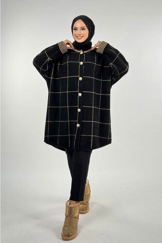 Kare Çizgili Düğmeli Hırka 18329 Siyah - Bym Fashion