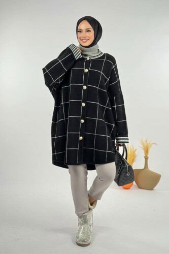Kare Çizgili Düğmeli Hırka 18329 Siyah-Ekru - Bym Fashion