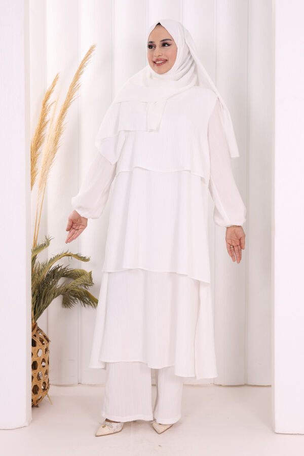 Kat Detaylı Tunik Pantolon Takım ŞAL HEDİYE! 8017 Ekru - 1