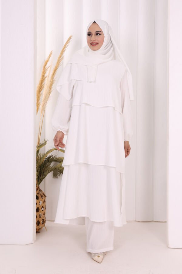 Kat Detaylı Tunik Pantolon Takım ŞAL HEDİYE! 8017 Ekru - 2