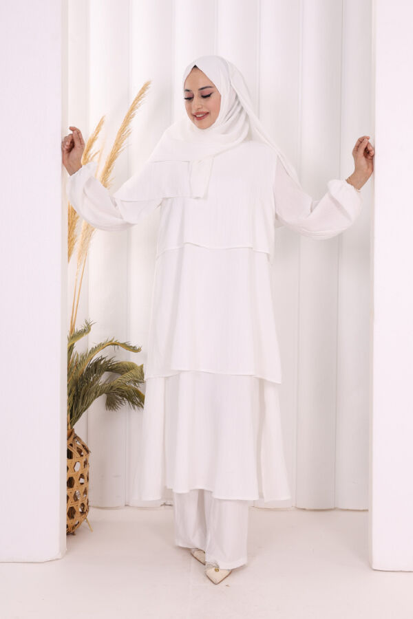Kat Detaylı Tunik Pantolon Takım ŞAL HEDİYE! 8017 Ekru - 3