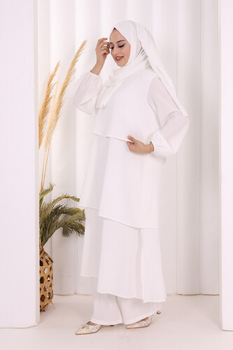 Kat Detaylı Tunik Pantolon Takım ŞAL HEDİYE! 8017 Ekru - 4