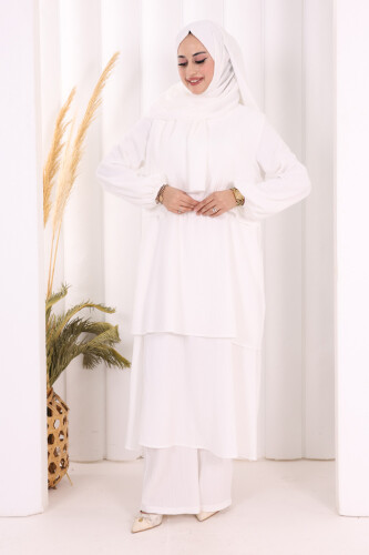 Kat Detaylı Tunik Pantolon Takım ŞAL HEDİYE! 8017 Ekru