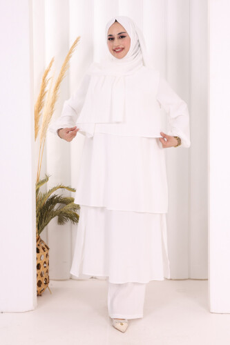 Kat Detaylı Tunik Pantolon Takım ŞAL HEDİYE! 8017 Ekru - 2