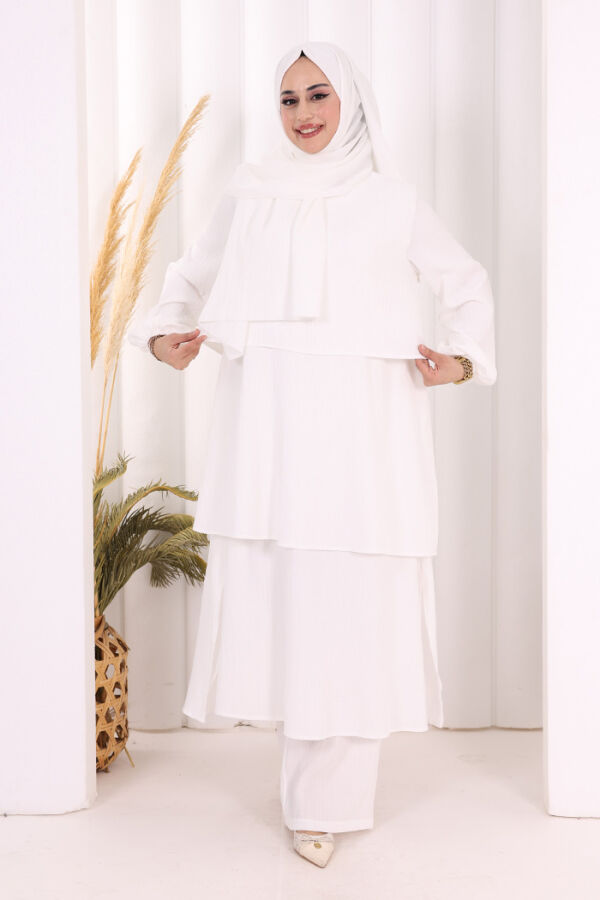Kat Detaylı Tunik Pantolon Takım ŞAL HEDİYE! 8017 Ekru - 2