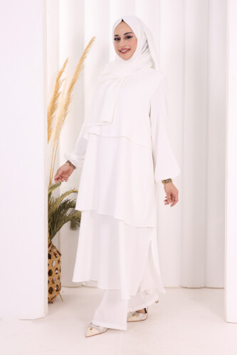 Kat Detaylı Tunik Pantolon Takım ŞAL HEDİYE! 8017 Ekru - 3
