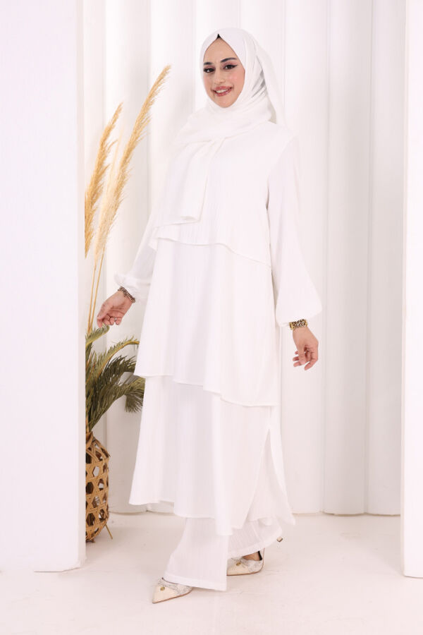 Kat Detaylı Tunik Pantolon Takım ŞAL HEDİYE! 8017 Ekru - 3