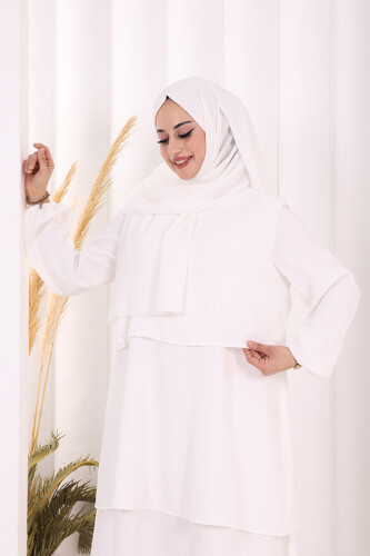 Kat Detaylı Tunik Pantolon Takım ŞAL HEDİYE! 8017 Ekru - 5