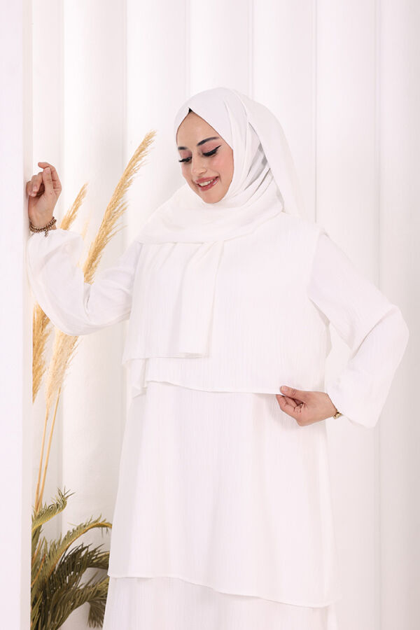 Kat Detaylı Tunik Pantolon Takım ŞAL HEDİYE! 8017 Ekru - 5