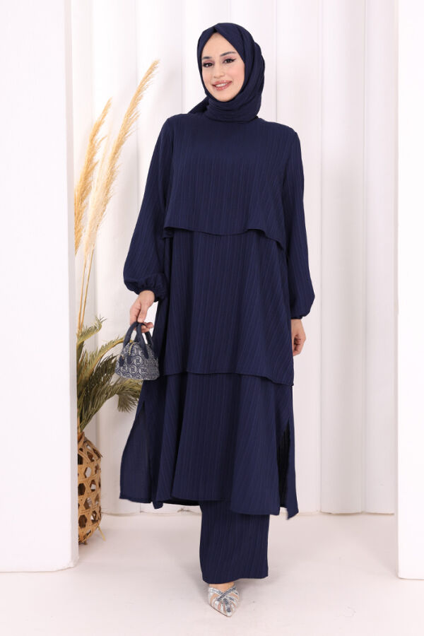Kat Detaylı Tunik Pantolon Takım ŞAL HEDİYE! 8017 Lacivert - 1