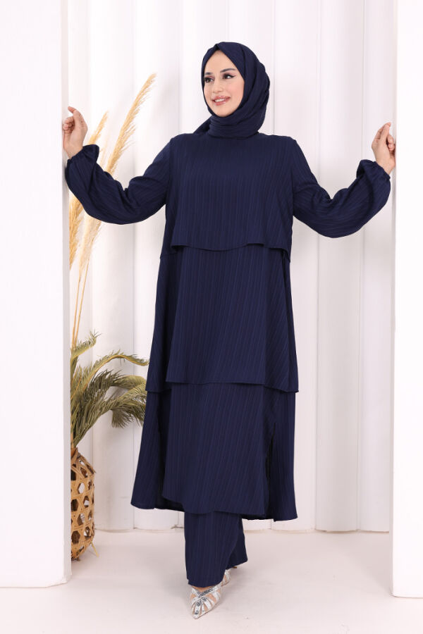 Kat Detaylı Tunik Pantolon Takım ŞAL HEDİYE! 8017 Lacivert - 2