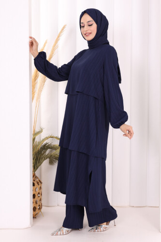 Kat Detaylı Tunik Pantolon Takım ŞAL HEDİYE! 8017 Lacivert - 3