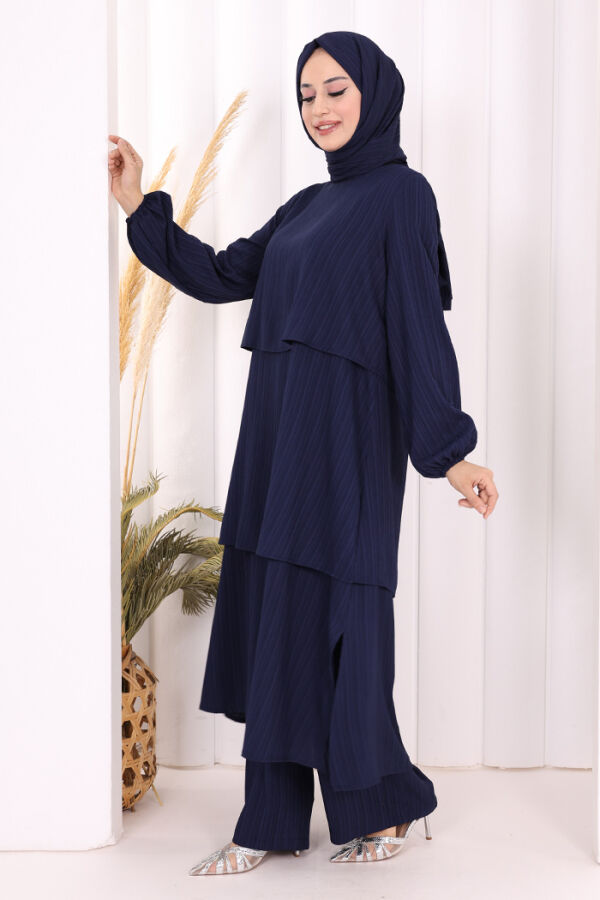 Kat Detaylı Tunik Pantolon Takım ŞAL HEDİYE! 8017 Lacivert - 3