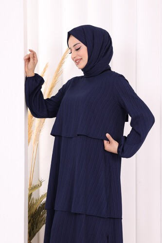 Kat Detaylı Tunik Pantolon Takım ŞAL HEDİYE! 8017 Lacivert - 5