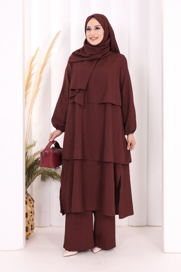 Kat Detaylı Tunik Pantolon Takım ŞAL HEDİYE! 8017 Mürdüm - 1