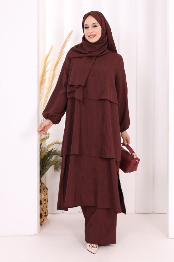 Kat Detaylı Tunik Pantolon Takım ŞAL HEDİYE! 8017 Mürdüm - 2