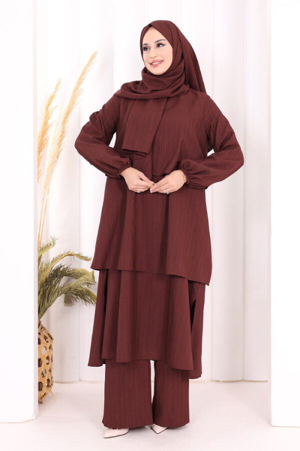 Kat Detaylı Tunik Pantolon Takım ŞAL HEDİYE! 8017 Mürdüm - 3