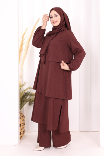 Kat Detaylı Tunik Pantolon Takım ŞAL HEDİYE! 8017 Mürdüm - 4