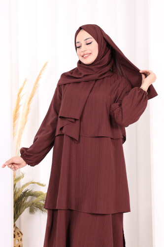 Kat Detaylı Tunik Pantolon Takım ŞAL HEDİYE! 8017 Mürdüm - 6