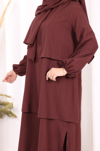 Kat Detaylı Tunik Pantolon Takım ŞAL HEDİYE! 8017 Mürdüm - 7